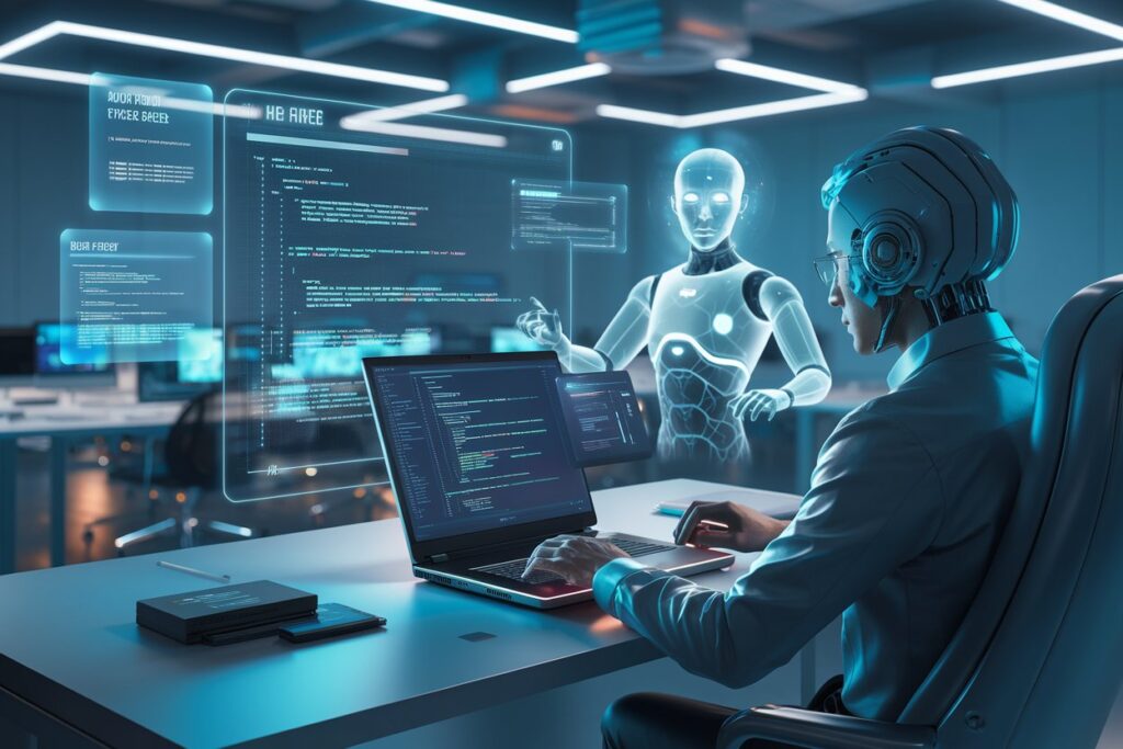 a futuristic workspace with a coder sitt 8PGAuUy RvmamOqd7Bkw6A XYjdytrOSOaawVO v9K vQ