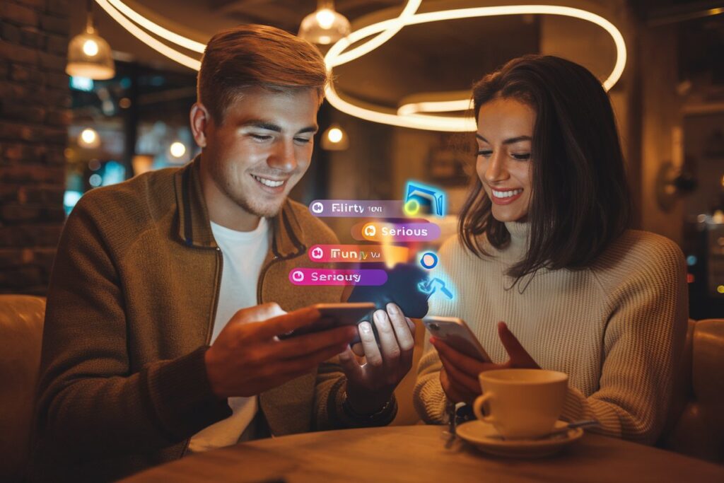 "A futuristic smartphone screen displaying an AI-powered dating assistant with an active chat conversation. The screen shows auto-generated flirty, funny, and serious message options. A young man and woman, both stylish and modern, smile while swiping on their respective dating apps in a cozy café setting. The background has a subtle neon glow, giving a high-tech yet romantic vibe. Keywords like 'AI Dating Assistant' and 'Smart Match Replies' appear subtly on the screen. The image should have a warm, inviting tone with a futuristic touch."